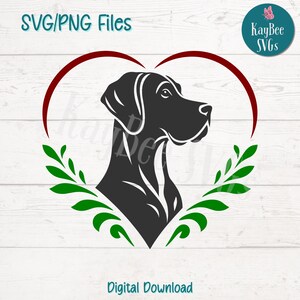 Alano SVG PNG, Silhouette di cane con cuore e foglie, File di taglio Gentle Giant per Cricut, Sublimazione, Incisione laser, Clipart stampabile