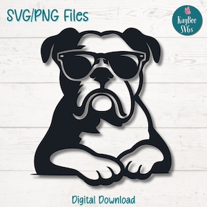 Bulldog with Sunglasses SVG PNG Cut Files for Cricut, Silhouette Digital Download, Laser Engraving, Sublimation Printable, Commercial Use