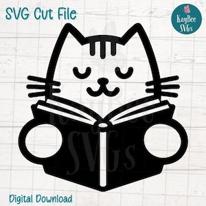 Cat Reading Book SVG PNG Cut Files for Cricut, Silhouette Digital Download, Laser Engraving, Sublimation Printable, Commercial Use Clipart