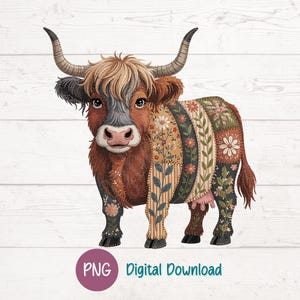 May include: A watercolour illustration of a Highland cow with patchwork patterns. The cow has long horns, a shaggy coat, and floral and striped designs on its body. The image includes the text "PNG Digital Download" in a circular badge.