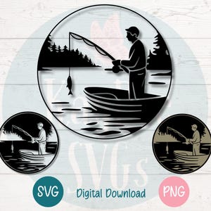 Pêche Clipart SVG PNG, pêcheur en bateau, scène de pêche en plein air | Fichiers de découpe pour Cricut, Silhouette, Sublimation, Imprimable, Laser