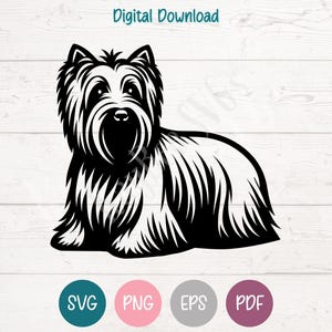Könnte beinhalten: Schwarz-Weiß-Digitaldownload eines Terrierhundes. Der Hund liegt, mit detailliertem Fell und einem freundlichen Ausdruck. Das Bild enthält die Worte "Digitaler Download" oben und Dateityp-Symbole unten.