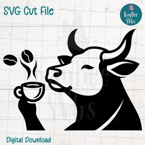 Cow Drinking Coffee SVG PNG Funny Animal Clipart Cut File for Cricut, Silhouette, Sublimation, Laser Engraving, Printable Clipart