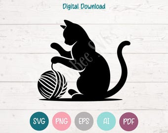 Cat with Yarn Ball SVG: Clipart Cut Files for Cricut, Silhouette, Laser Engraving, Sublimation