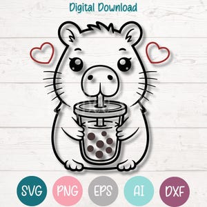 May include: Black and white digital download graphic of a cartoon hamster drinking bubble tea. The hamster has large eyes and whiskers, with two red hearts on either side. The words "Digital Download" are at the top.