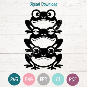 May include: A black graphic of three stacked frogs with large eyes and smiling faces. The image is labeled "Digital Download" at the top. Below the frogs are colored circles with file type abbreviations: SVG, PNG, EPS, AI, and PDF.