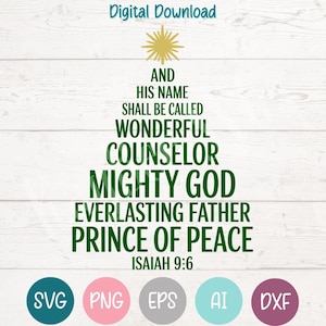 May include: Digital download graphic featuring a Christmas tree design. The tree is formed from green text: "AND HIS NAME SHALL BE CALLED WONDERFUL COUNSELOR MIGHTY GOD EVERLASTING FATHER PRINCE OF PEACE." The text "ISAIAH 9:6" is below. A gold starburst tops the tree.