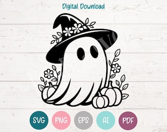 Fantasma con sombrero de bruja SVG, calabazas de otoño, Cricut, Silhouette (digital)