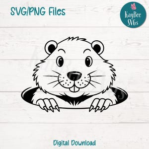 May include: Black and white line art illustration of a groundhog peeking out of a hole. The groundhog has a smiling face with large eyes and a small nose. The groundhog is looking directly at the viewer.