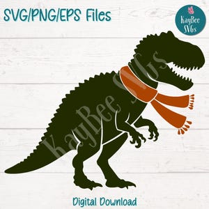 T-Rex-dinosaurus met sjaal SVG PNG-EPS-bestanden knippen voor Cricut, digitale download, lasergravure, sublimatieontwerp, commercieel gebruik Clipart