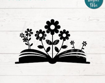 May include: Black and white silhouette of an open book with flowers growing out of it. The book is closed on the left side and open on the right side. The flowers are simple and stylized.