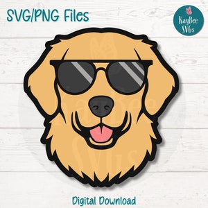 Golden Retriever z okularami przeciwsłonecznymi SVG | Pliki PNG Cut dla Cricut, sylwetka, pobieranie cyfrowe, drukowane cliparty, komercyjne wykorzystanie clipartów