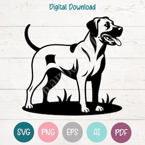 May include: Black and white dog silhouette with a spot pattern, standing on a patch of grass. The dog has its tongue out and is facing right. The words "Digital Download" are at the top.