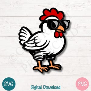 Pollo con gafas de sol SVG PNG Archivos de corte para Cricut, descarga digital de Silhouette, grabado láser, impresión por sublimación, uso comercial