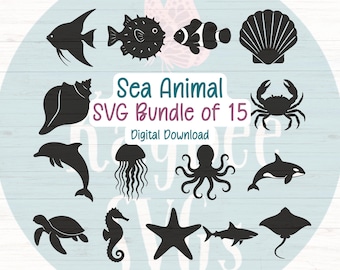 Pacote de Arquivos SVG de Animais Marinhos, 15 Arquivos de Corte (Digital)