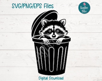 Imagen prediseñada de mapache en un bote de basura, archivo de corte SVG PNG EPS (digital)