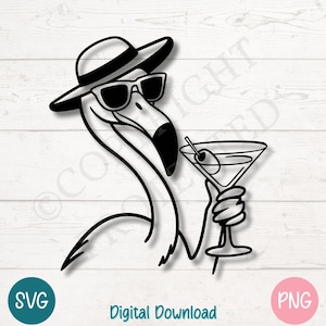Flamingo Martini SVG PNG, Fenicottero fresco con cappello e cocktail, Clipart di bar tropicale per sublimazione e artigianato, file di taglio per Cricut, Laser