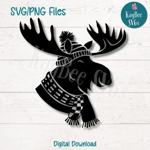 スカーフを巻いたムース SVG PNG – クリスマスや季節の工芸品のための心地よい冬の森の動物のクリップアート - Cricut、Silhouette、レーザーカット用のカットファイル