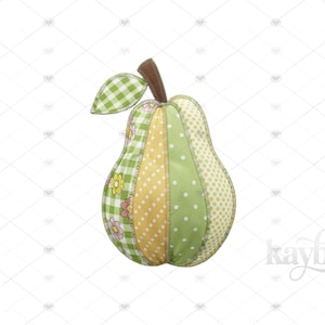 May include: A fabric pear with a patchwork design. The pear features sections of green gingham, yellow polka dots, and floral patterns. A brown stem and green gingham leaf complete the design. The pear is a decorative item.