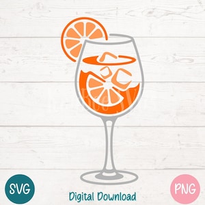 Cóctel de cítricos SVG PNG con rodaja de naranja y cubitos de hielo en copa de vino para manualidades de verano y fiestas / Archivos de corte para Cricut, Silhouette, Laser
