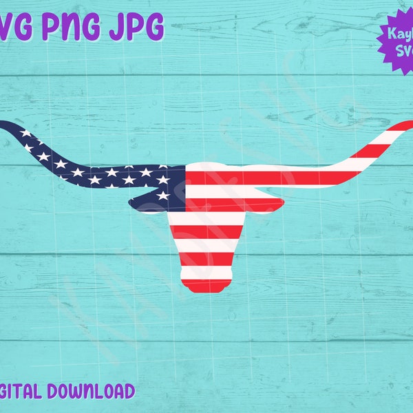 Longhorn Cattle American Flag SVG PNG Jpg Clipart Digital Cut File Download for Cricut Silhouette Sublimation - Commercial Use