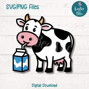 Cow Drinking Milk SVG PNG Cut Files for Cricut, Silhouette Digital Download, Laser Engraving, Sublimation Printable, Commercial Use Clipart