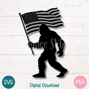 Sasquatch SVG PNG, Bigfüße mit amerikanischer Flagge Schnittdatei für Cricut, Silhouette, Sublimation, Vaterländische Cryptid Printable, Lasergravur
