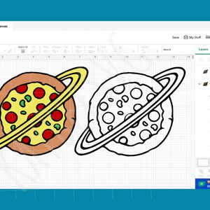 a computer screen with a drawing of a pizza and a planet