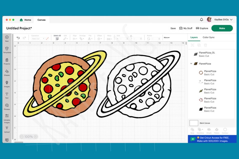 a computer screen with a drawing of a pizza and a planet