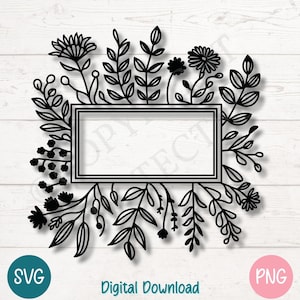 Elegante bloemenlijst SVG-PNG | Botanische rand met lege ruimte voor aangepaste tekst | Handgetekende bloemenkrans | Snijbestand voor Cricut, laser