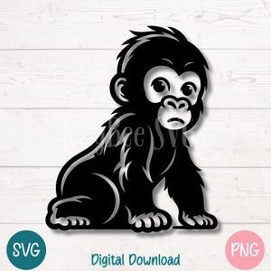 Bebé gorila SVG, lindo primate PNG para amantes de la selva y la vida silvestre / Archivos de corte para Cricut, Silhouette, sublimación, grabado láser, imprimible