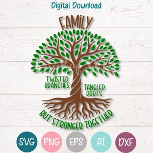 Árbol genealógico SVG PNG archivo de corte para Cricut, silueta, sublimación, clipart imprimible: ramas retorcidas, raíces enredadas, más fuertes juntos