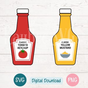 Puede incluir: Dos botellas de condimento de dibujos animados, una roja con "Classic Tomato Ketchup" y un tomate, la otra amarilla con "Classic Yellow Mustard" y un tazón de mostaza.
