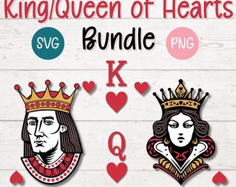 King and Queen of Hearts SVG PNG Bundle, Playing Card Graphics (Cut Files) (Digital)