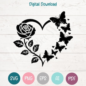 Op de afbeelding: Zwart bloemen hartontwerp met een roos en vlinders. De afbeelding bevat bovenaan de tekst "Digitale download". Onder het ontwerp staan de letters SVG, PNG, EPS, AI en PDF in aparte cirkels.