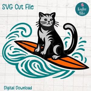 Surfer Cat SVG PNG Clipart drôle de plage pour l'été et l'artisanat pour animaux de compagnie | Fichier de coupe pour Cricut, Silhouette, gravure laser, sublimation, imprimable