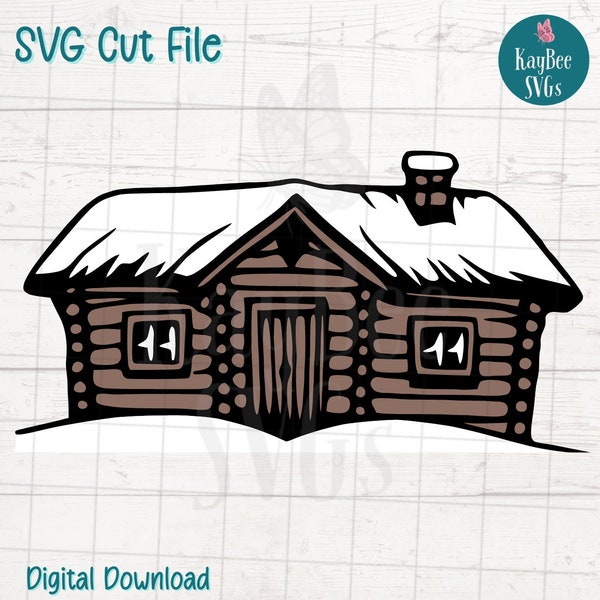 Snowy Log Cabin SVG Cut File for Cricut, Silhouette, Digital Download, Printable Clipart, Commercial Use, Clip Art, Laser Stencil Outline