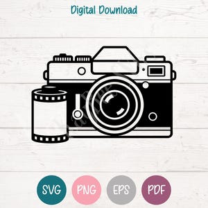 May include: A monochrome illustration of a classic camera design, with a film roll positioned to the side. The image includes the text "Digital Download" at the top. Below are the file type icons: SVG, PNG, EPS, and PDF.