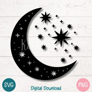 Crescent Moon SVG PNG with Stars Boho Celestial Clipart for Mystical and Astrology Projects | Cut Files for Cricut, Silhouette, Sublimation