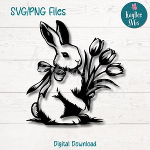 Konijn met tulpen SVG PNG-bestanden knippen voor Cricut, silhouet digitale download, lasergravure, afdrukbare sublimatie, commercieel gebruik clipart