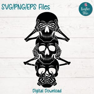 Zie, hoor, spreek geen kwaad schedels SVG PNG grappige Halloween-clipart voor spookachtige ambachten | Snijbestand voor Cricut, silhouet, lasergravure en print