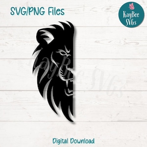 Arquivos de corte SVG PNG de rosto de meio leão para Cricut, download digital de silhueta, gravação a laser, impressão por sublimação, clipart de uso comercial