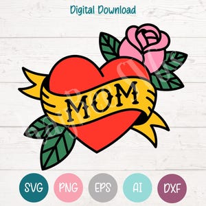 Mom Heart Tattoo SVG PNG Cut Files for Cricut, Silhouette Digital Download, Laser Engraving, Sublimation Printable, Commercial Use Clipart