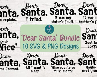 Paquete de divertidos diseños navideños en formato SVG y PNG con la frase "Querido Santa" (descarga instantánea).