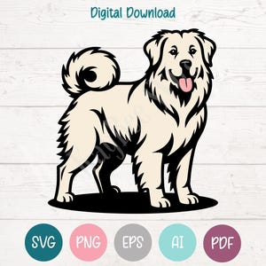 Puede incluir: Gráfico de descarga digital de un perro color crema con contornos negros, de pie sobre un óvalo negro. El perro tiene una cola esponjosa y una lengua rosa. El texto "Digital Download" está en la parte superior.