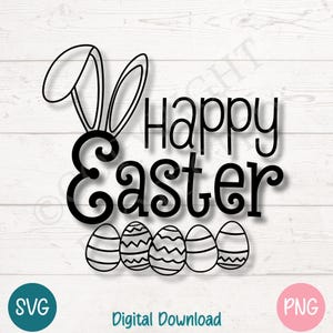 Feliz Páscoa SVG PNG, Clipart de ovos de Páscoa decorativos, Tipografia de férias de primavera, Arquivos de corte para Cricut, Download digital de silhueta, Laser