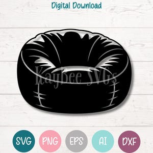 May include: A black beanbag chair graphic with white detailing and stitching. The image features the text "Digital Download" and "Kaybee SVGs". Below are file type icons: SVG, PNG, EPS, AI, and DXF.