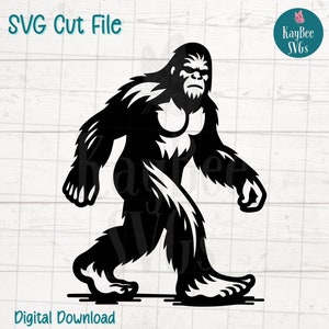May include: Black and white silhouette of a Bigfoot walking to the right. The creature has a large, hairy body and a long, pointed face. The image is on a white woodgrain background.