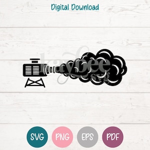 Puede incluir: Silueta negra de una máquina emitiendo humo, con el texto "jaygree svg". La máquina está sobre un soporte. La imagen también incluye el texto "Digital Download" e iconos SVG, PNG, EPS y PDF.