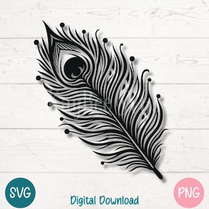 Peacock Feather SVG PNG | Elegant Ornate Silhouette Cut File for Cricut, Sublimation, Laser Engraving, Printable Clipart, Commercial Use Art
